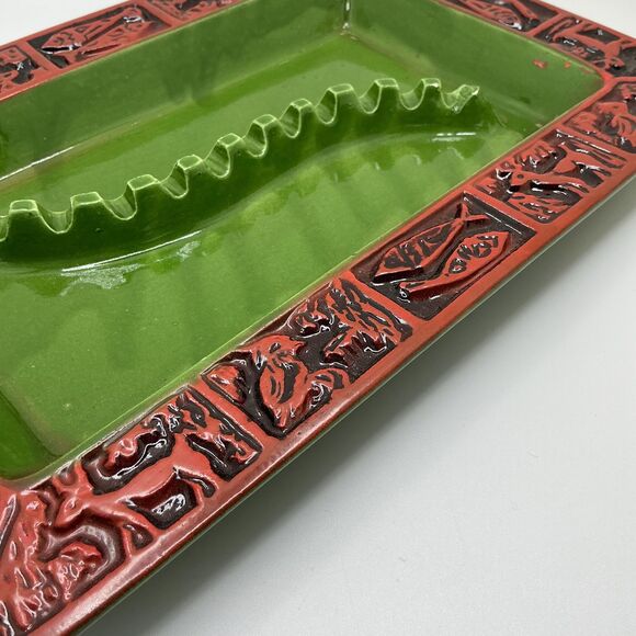 Vintage ceramic green & brick red rectangle ashtray | mid-century | man cave - Picture 6 of 8